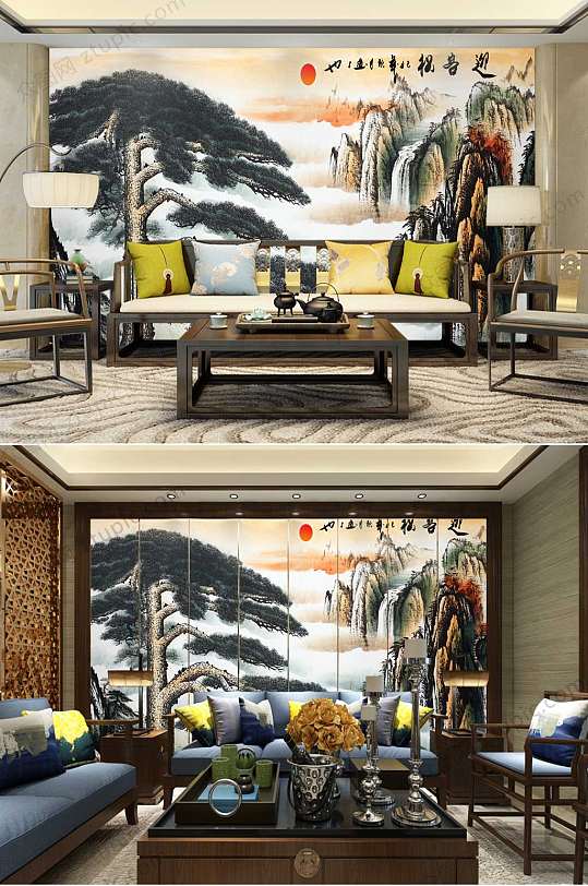 磅礴大气迎客松背景墙-众图网