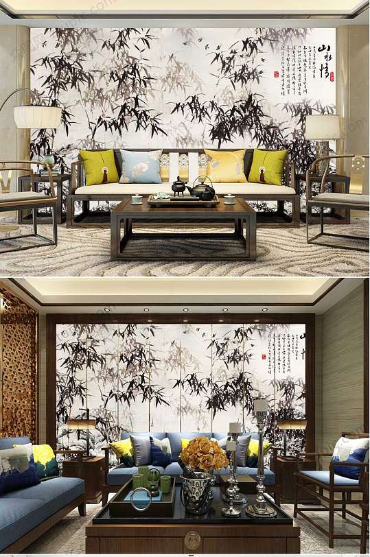 水墨山水竹子背景墙-众图网