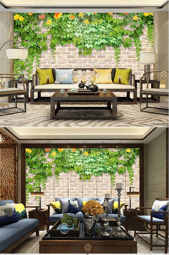 清新绿色墙壁植物背景墙-众图网