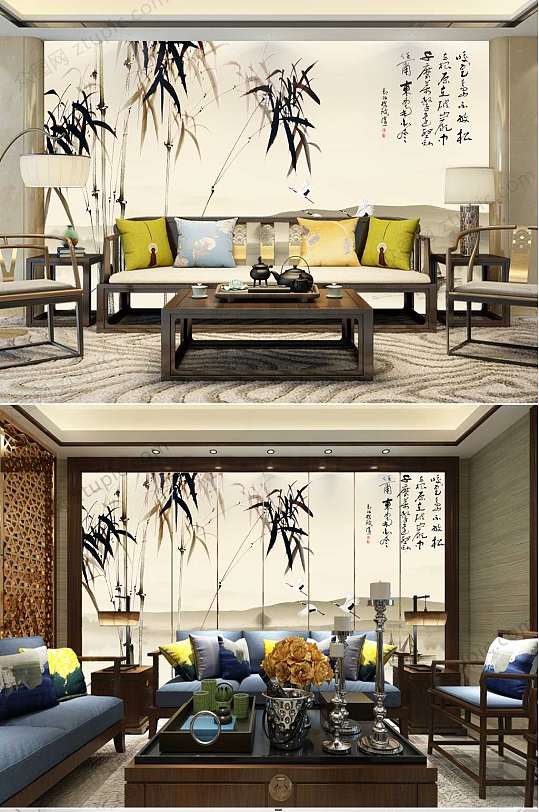 清新水墨竹子背景墙-众图网