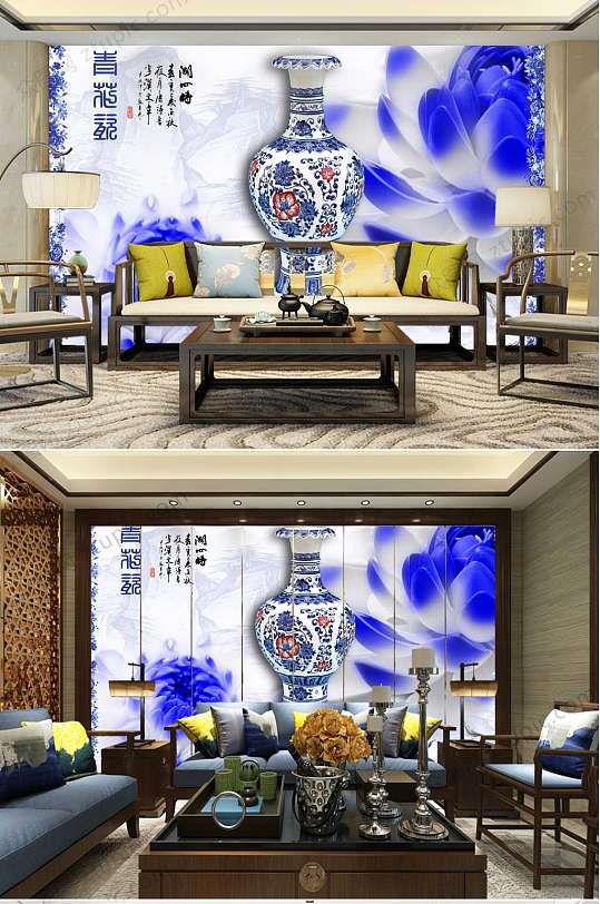 青花瓷清新中式背景墙
