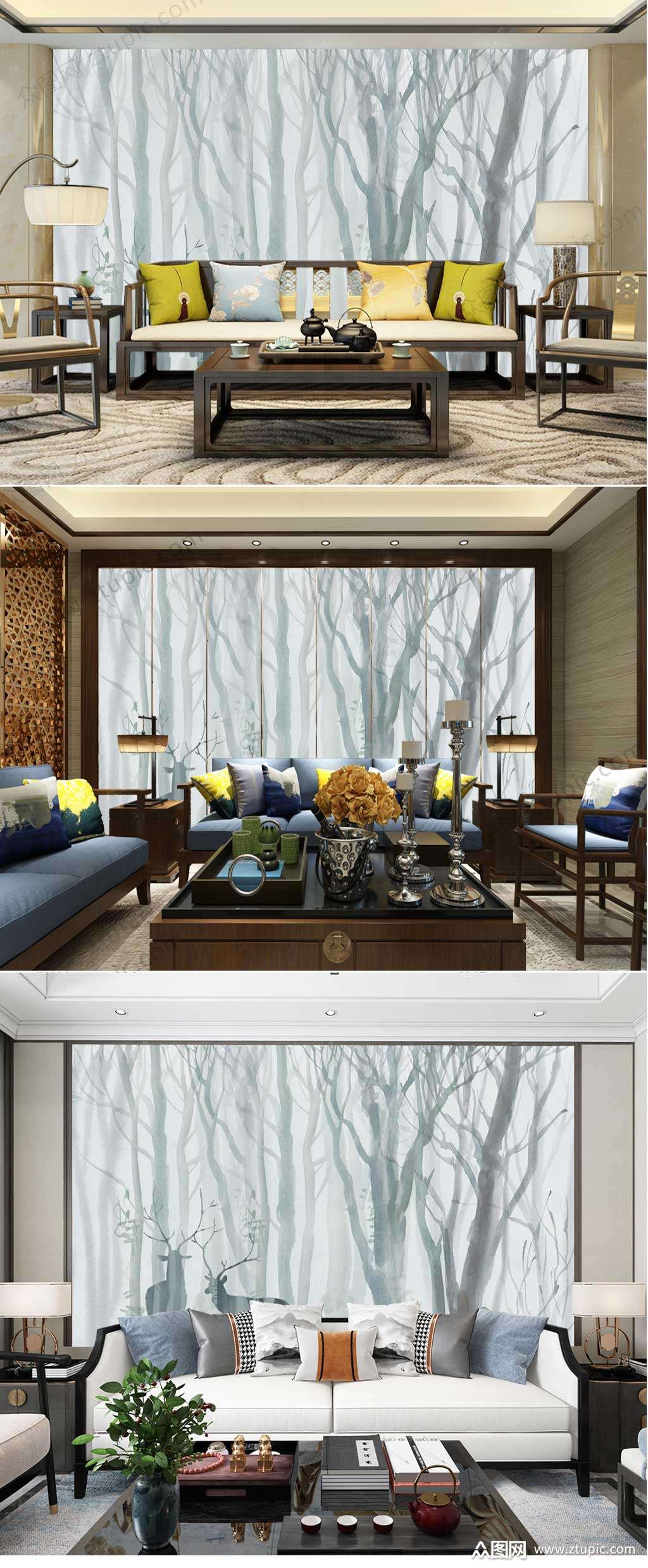 树枝森林中式背景墙素材