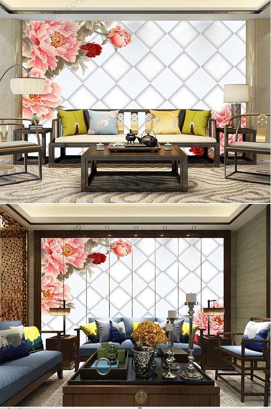 白色素雅牡丹花背景墙-众图网