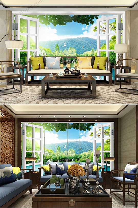 唯美窗外景色背景墙-众图网