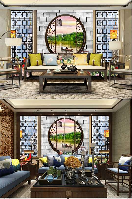 中式古典屏风窗景背景墙-众图网