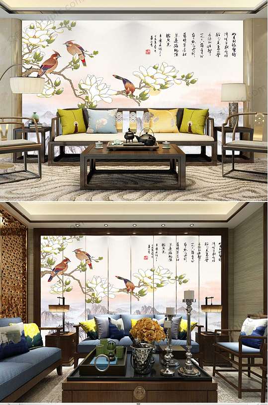 喜上眉梢花鸟画背景墙