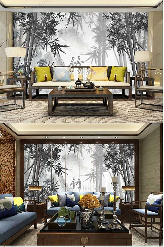 中国风水墨竹子背景墙-众图网