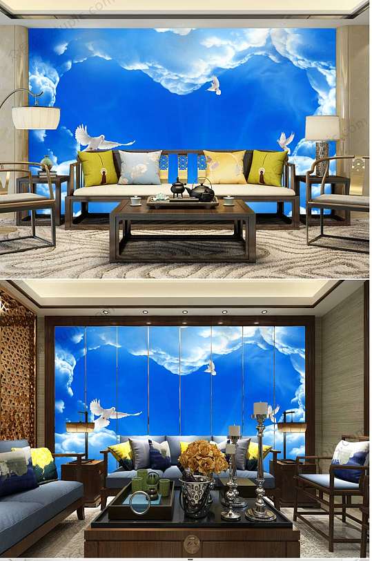 蓝天白云鸽子背景墙