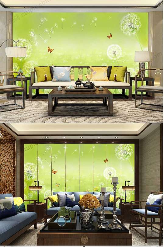 清新绿色蒲公英背景墙-众图网