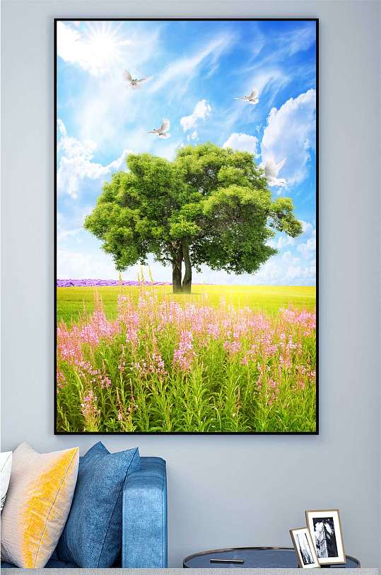 唯美野外蓝天草地装饰画-众图网