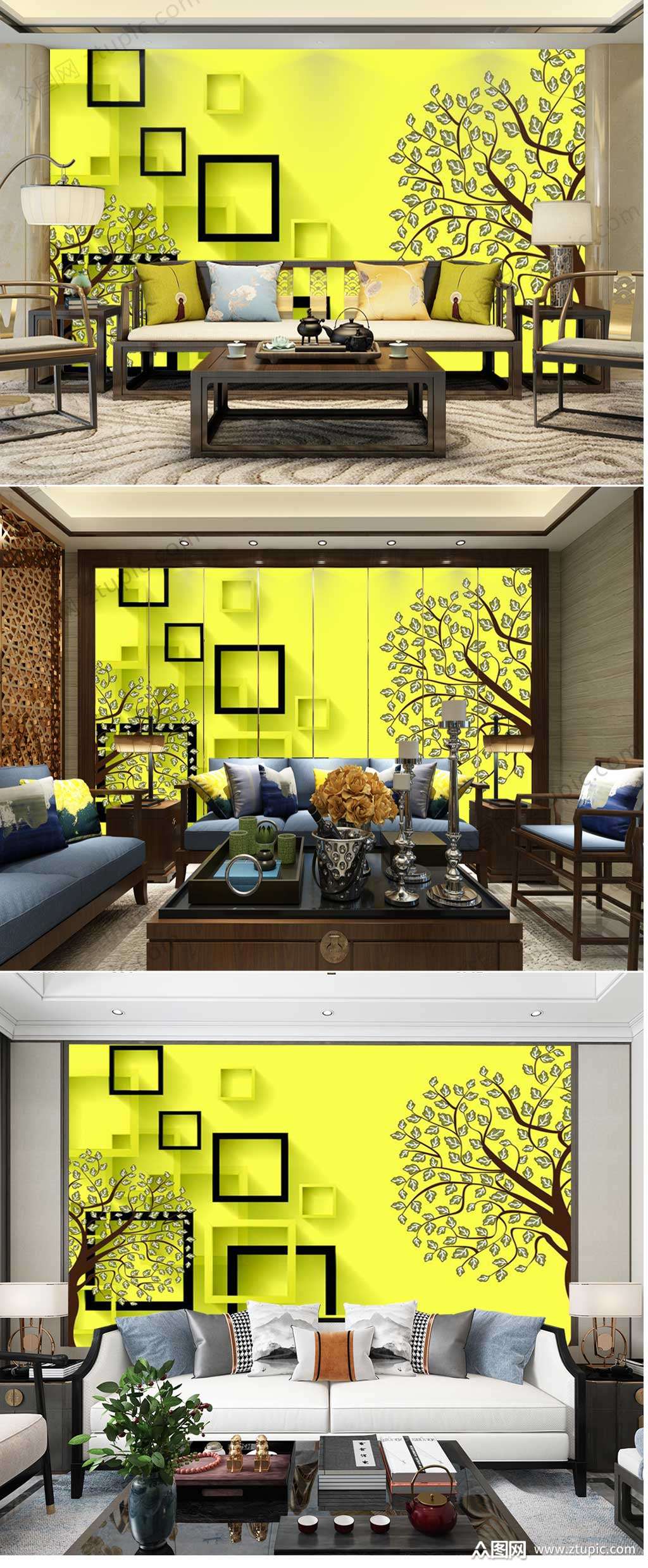 黄色手绘树枝电视背景墙