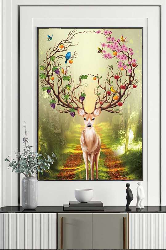 清新唯美梅花鹿装饰画-众图网