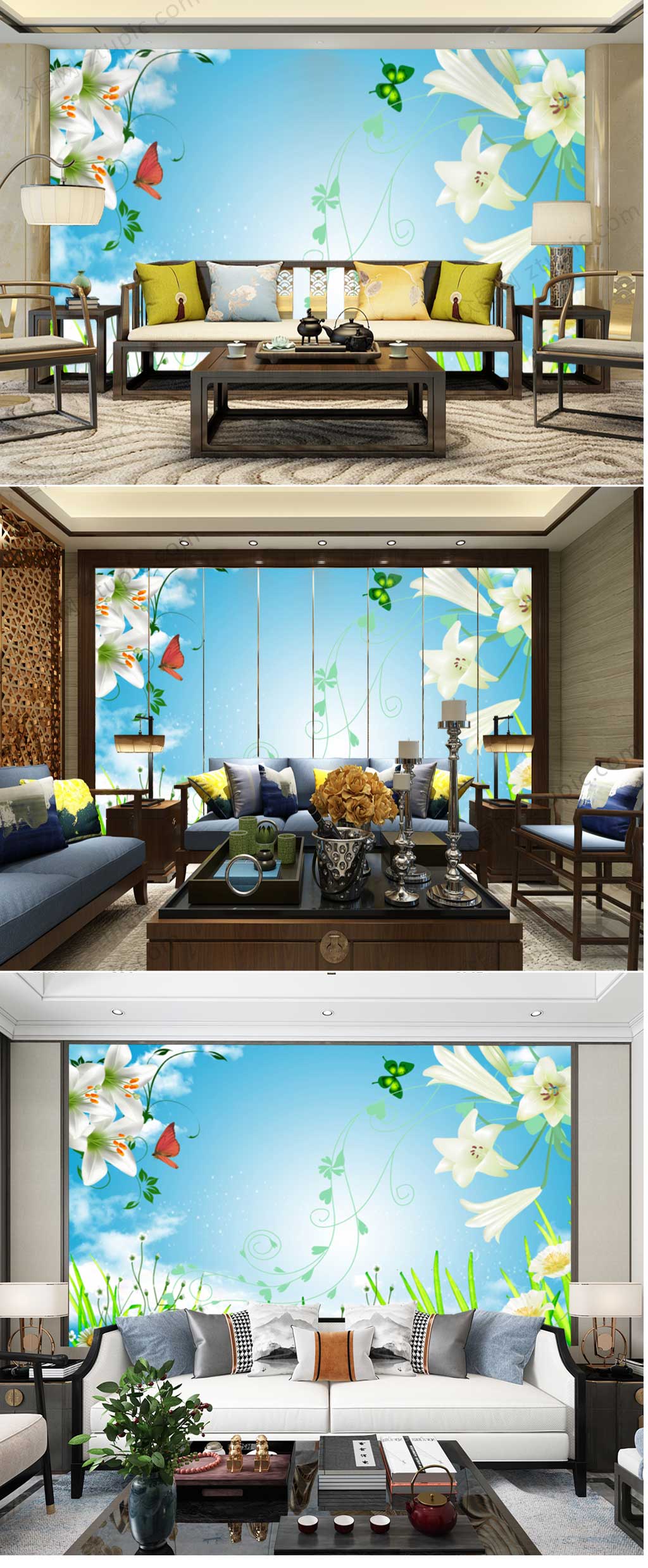 蓝天蝴蝶鲜花背景墙素材