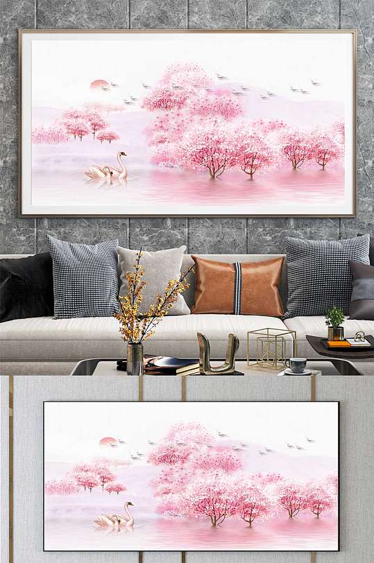 梦幻桃花鸳鸯风景装饰画-众图网