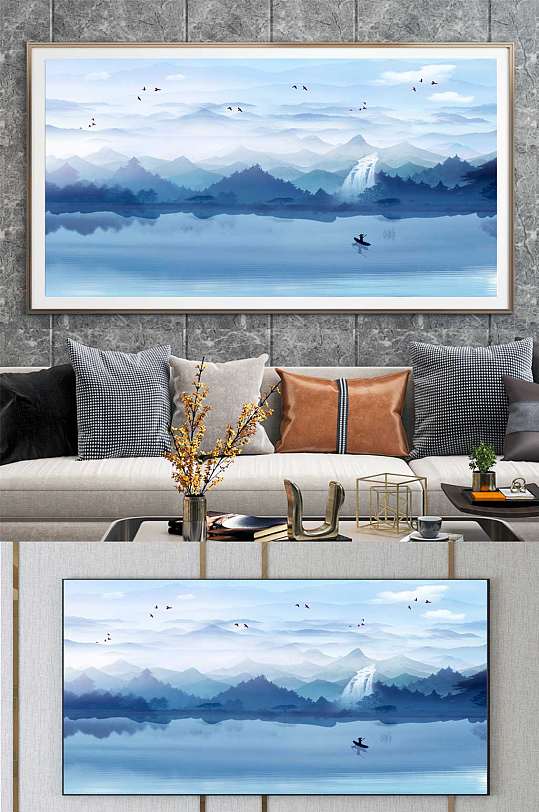 蓝色山水中国风装饰画-众图网