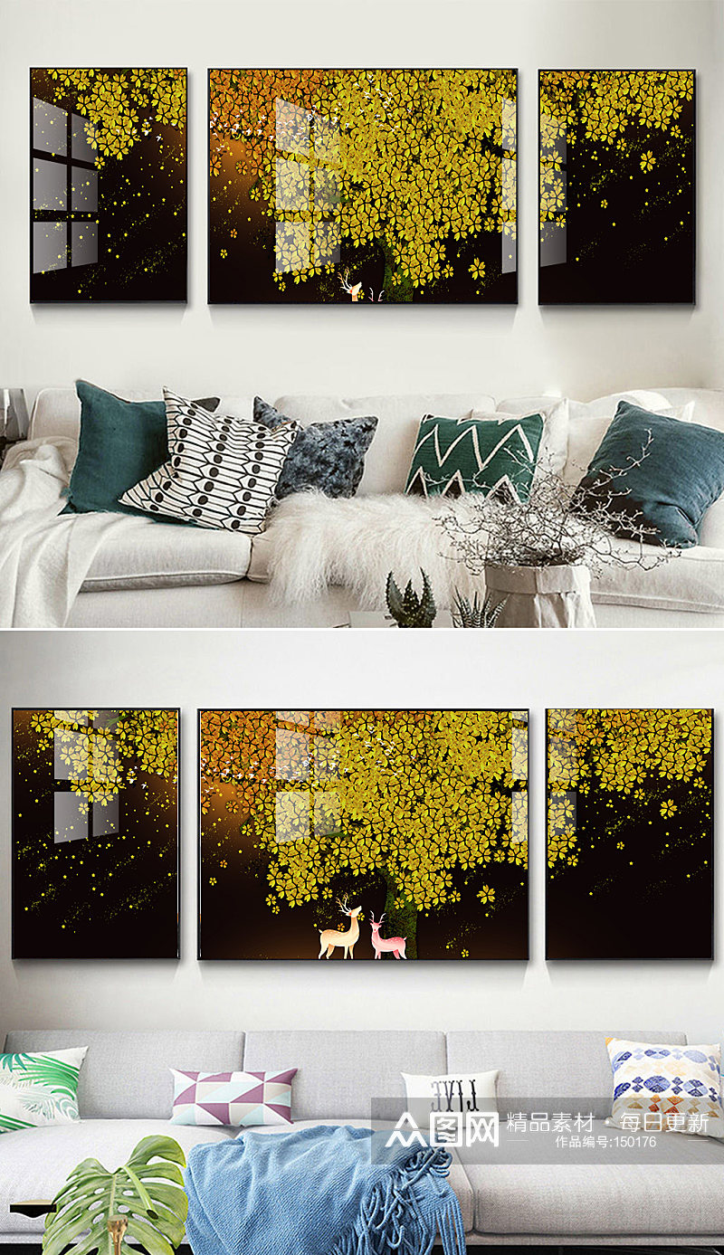 金色叶子麋鹿客厅装饰画素材