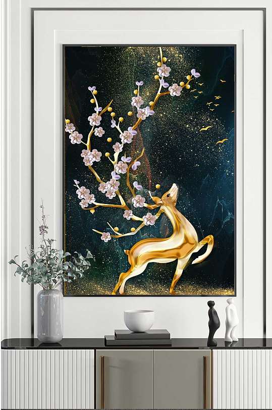 金箔画梅花鹿室内装饰画-众图网