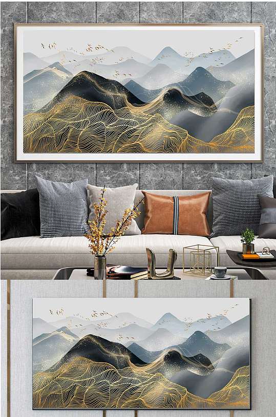抽象金色线条客厅装饰画-众图网