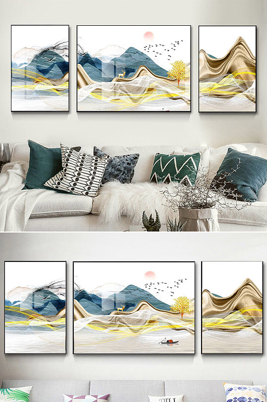 线条帆布麋鹿三联装饰画-众图网