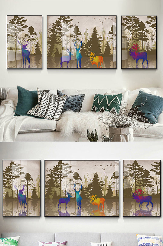 手绘彩色森林麋鹿装饰画