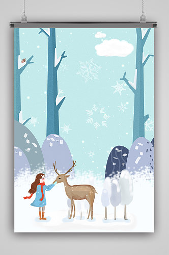卡通麋鹿女孩圣诞节海报背景