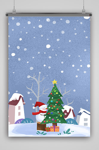 卡通雪人圣诞树雪景海报背景