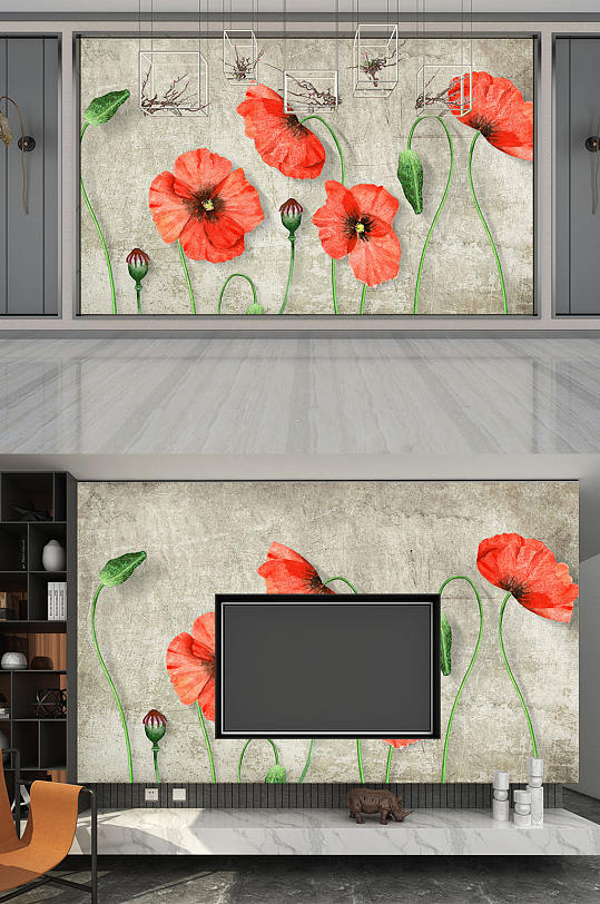 手绘花鸟画复古背景墙 墙绘图案