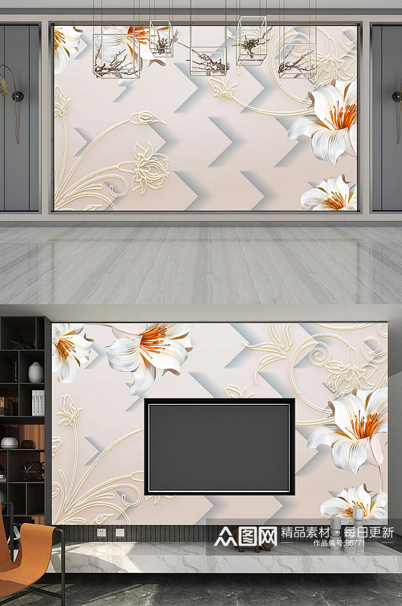 立体方块花卉金边背景墙素材