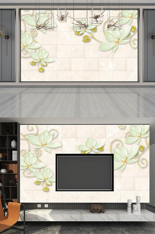 简洁瓷砖玉质花卉背景墙-众图网