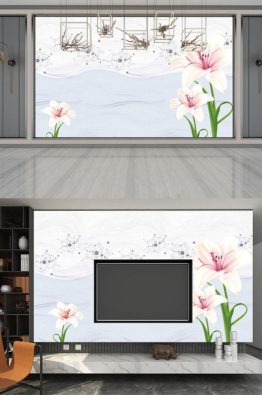 清新百合花电视背景墙-众图网