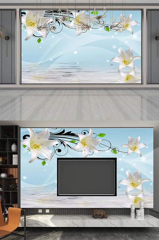 湖面百合花背景墙-众图网