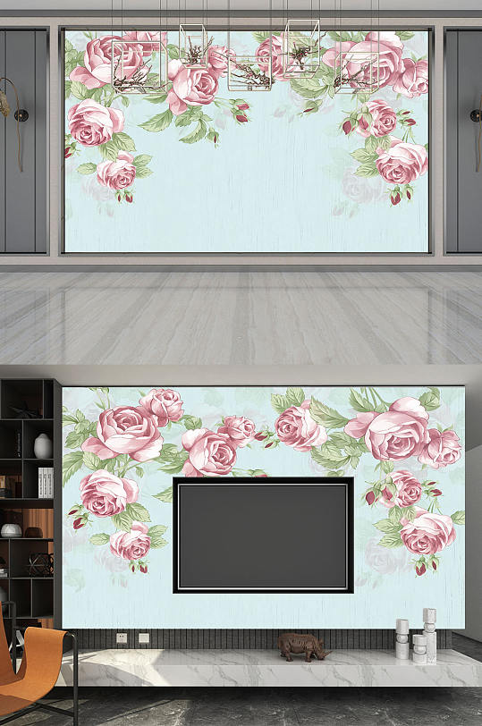 水彩月季花唯美背景墙-众图网