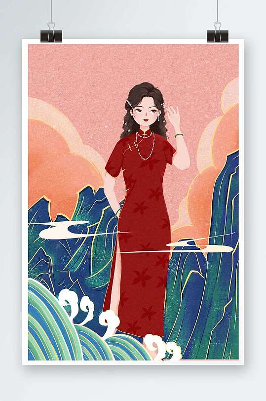 温柔旗袍撩发美女国潮人物插画-众图网
