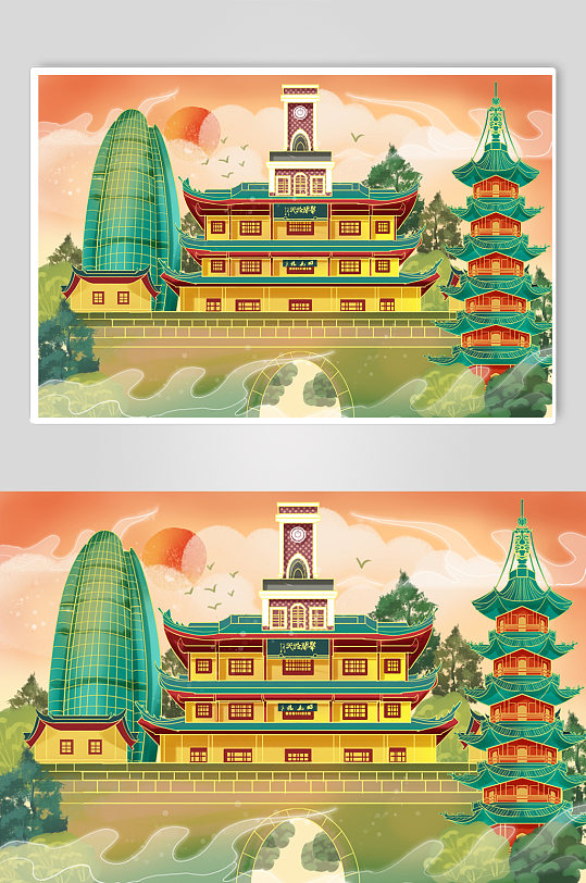 寧波國潮風(fēng)大氣城市地標(biāo)建筑插畫