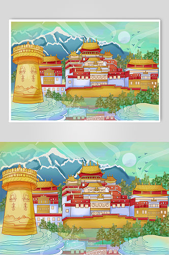 精美国潮风香格里拉地标建筑插画