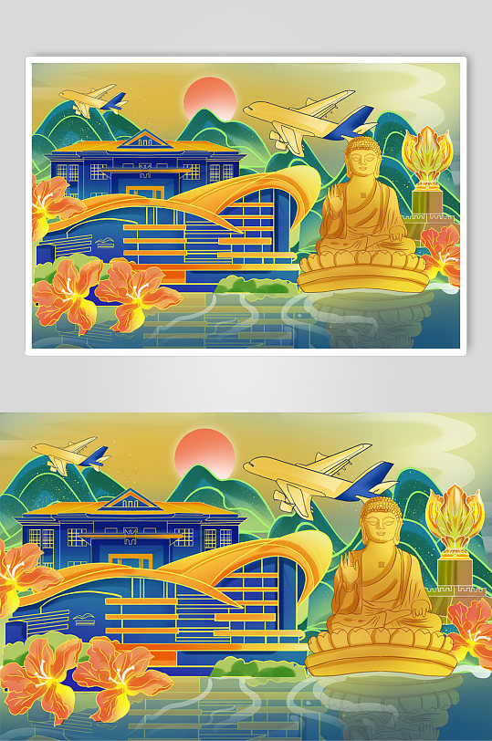 金色国潮大气香港地标建筑插画-众图网