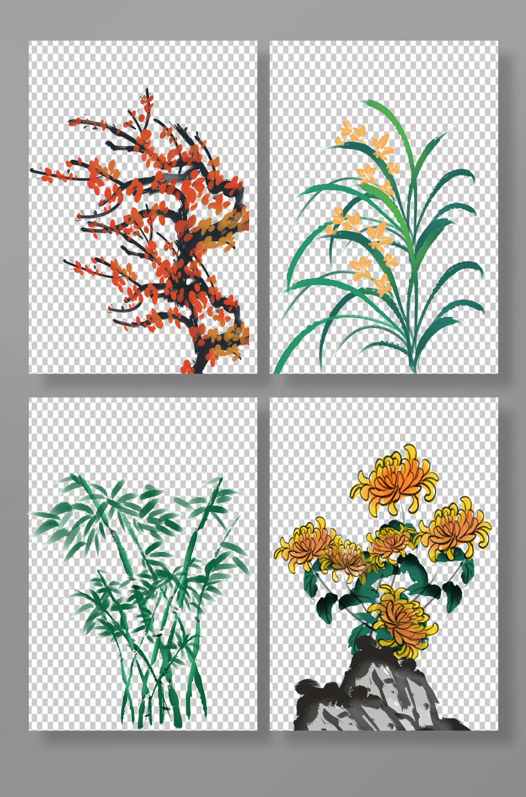 水墨古風(fēng)梅蘭竹菊植物元素插畫素材
