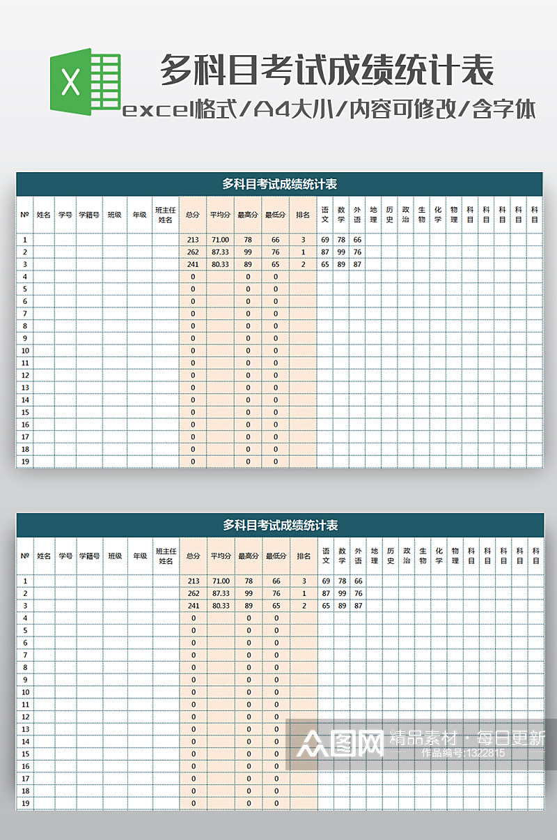 单科目多次考试成绩统计表素材