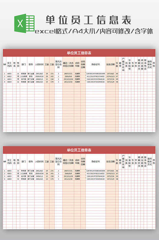 单位员工人事信息管理表