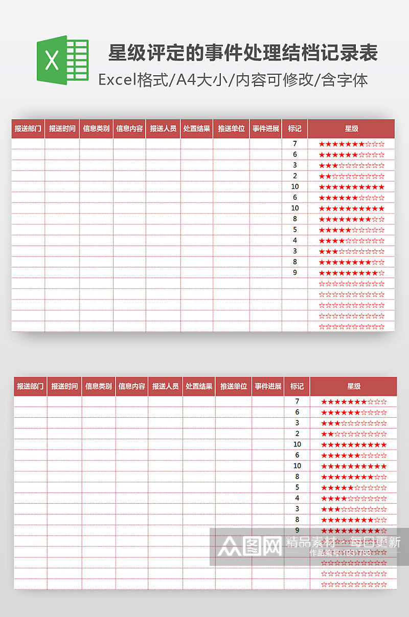 有星级评定的事件处置处理结果存档记录表素材