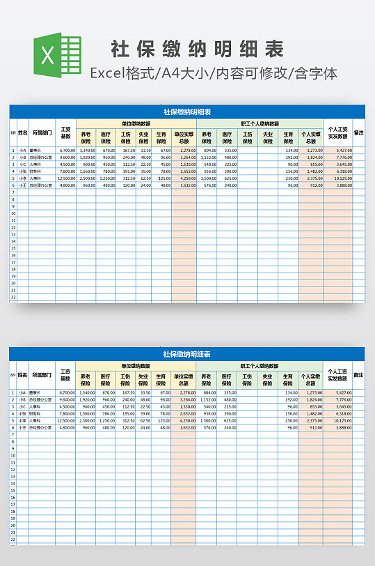 部门汇总职工社保缴纳明细表
