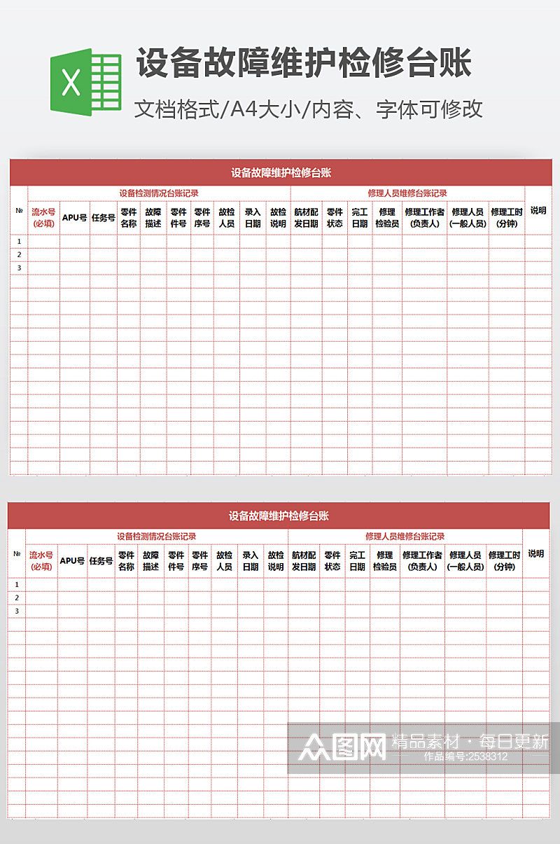 生产设备故障维护检修台账记录素材