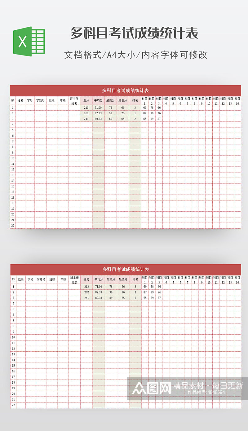 单科目多次考试成绩统计表素材