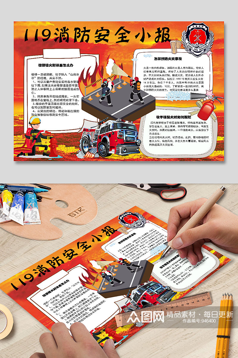 119消防安全手抄报电子小报花边卡通模板素材