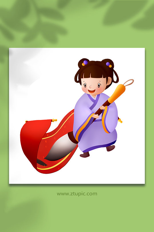 女孩毛笔书法人物插画