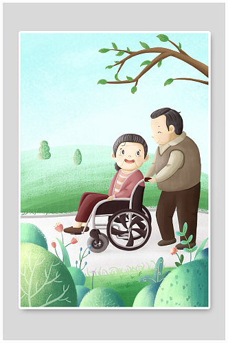 老年夫妻残疾人物插画