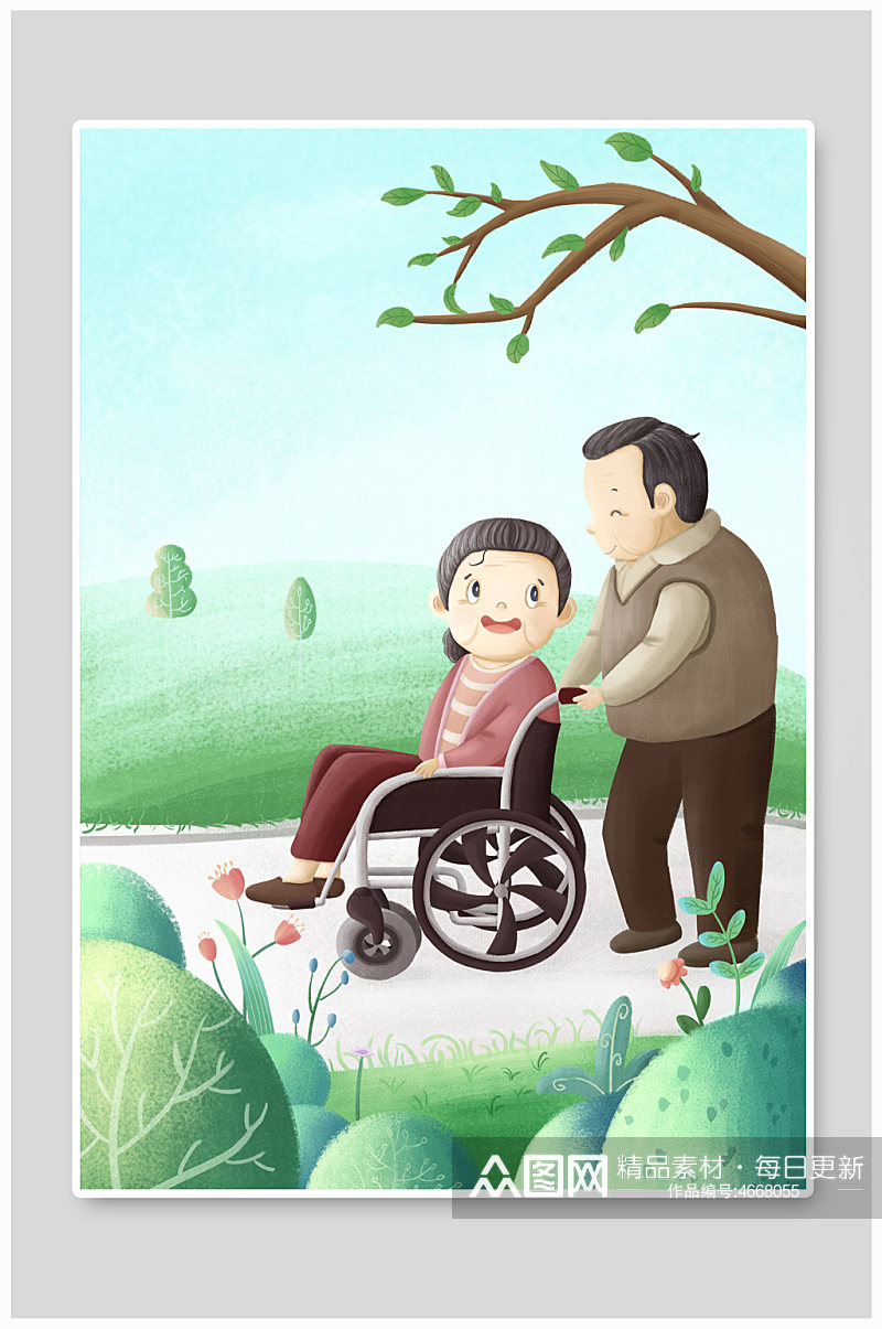 老年夫妻残疾人物插画素材
