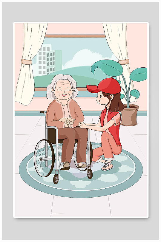 志愿者轮椅老年插画