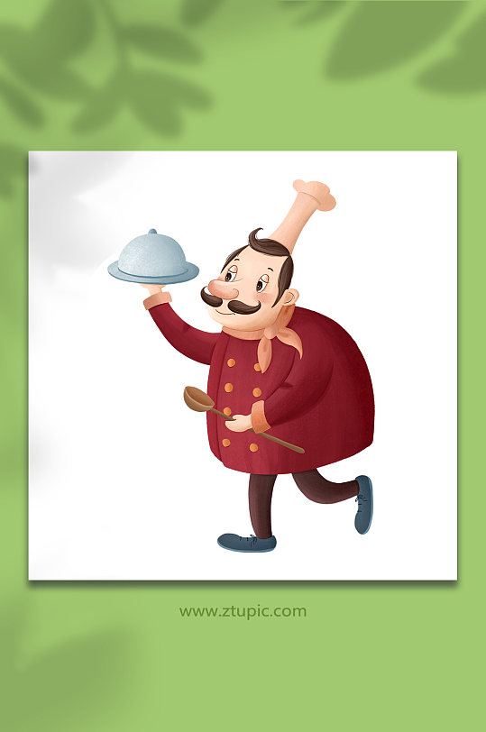 卡通胡子厨师端菜人物插画-众图网