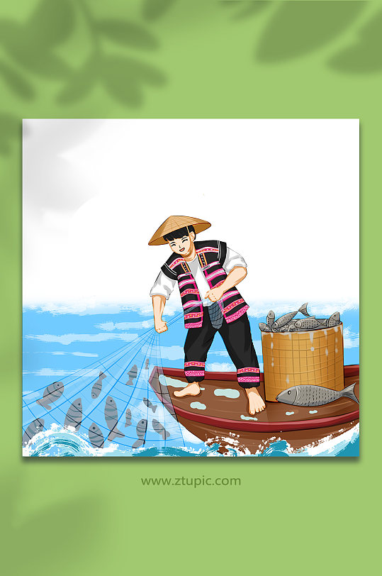 少数民族珞巴族捕鱼少年人物原创插画